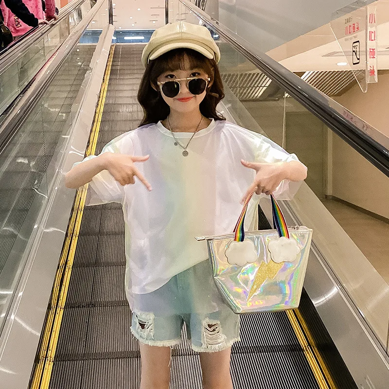 

Mesh Patchwork White T Shirts Kids Summer 2020 Cotton Tees Tops Girls Clothing 10 12 14 Year Children Short Sleeve T Shirt Girl