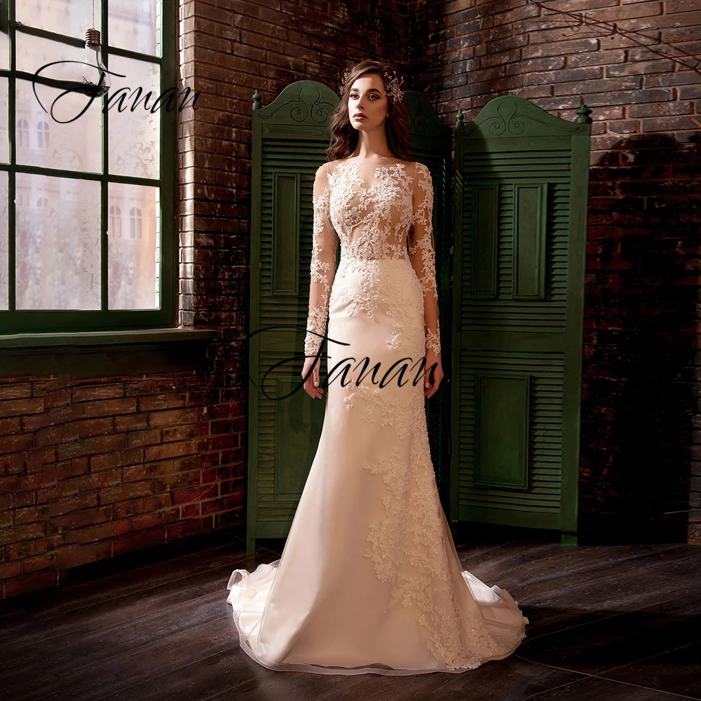 

Scoop Neck Lace Appliques Mermaid Wedding Dresses Long Sleeve Beading Sequined See-Through Bridal Gown Свадебное платье
