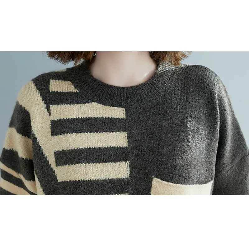 

XITAO Stripe Knitting Splicing Sweater New Contrast Color Fashion All-match Casual Loose Women Spring Autumn Trendy Top ZY4002