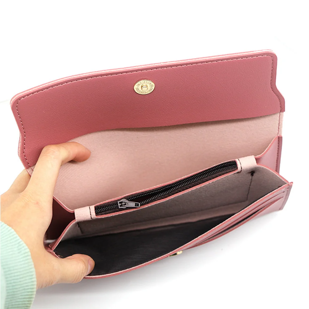 

2021 Women Purse Fashionable New Long Wallets Pure Color Wool Bow Bag Card Bag Coin Purse Standard Wallets PU Solid Polyester