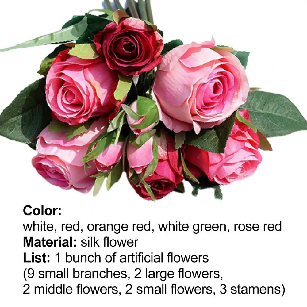 

9Pcs/Bouquet Faux Flowers Realistic Beautiful Nice-looking Artificial Rose Fake Silk Flowers for Home