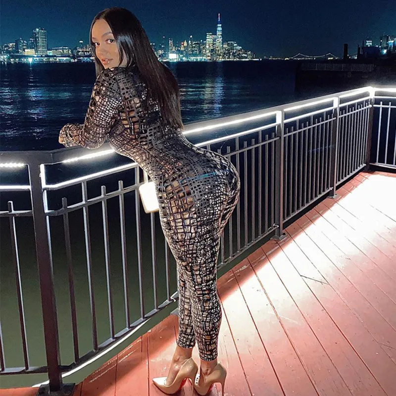 

CHRONSTYLESnake Skin Print Women Long Sleeve Jumpsuit Zipper Bodycon Skinny Sexy Streetwear 2021 Autumn Winter Clubwear Rompers