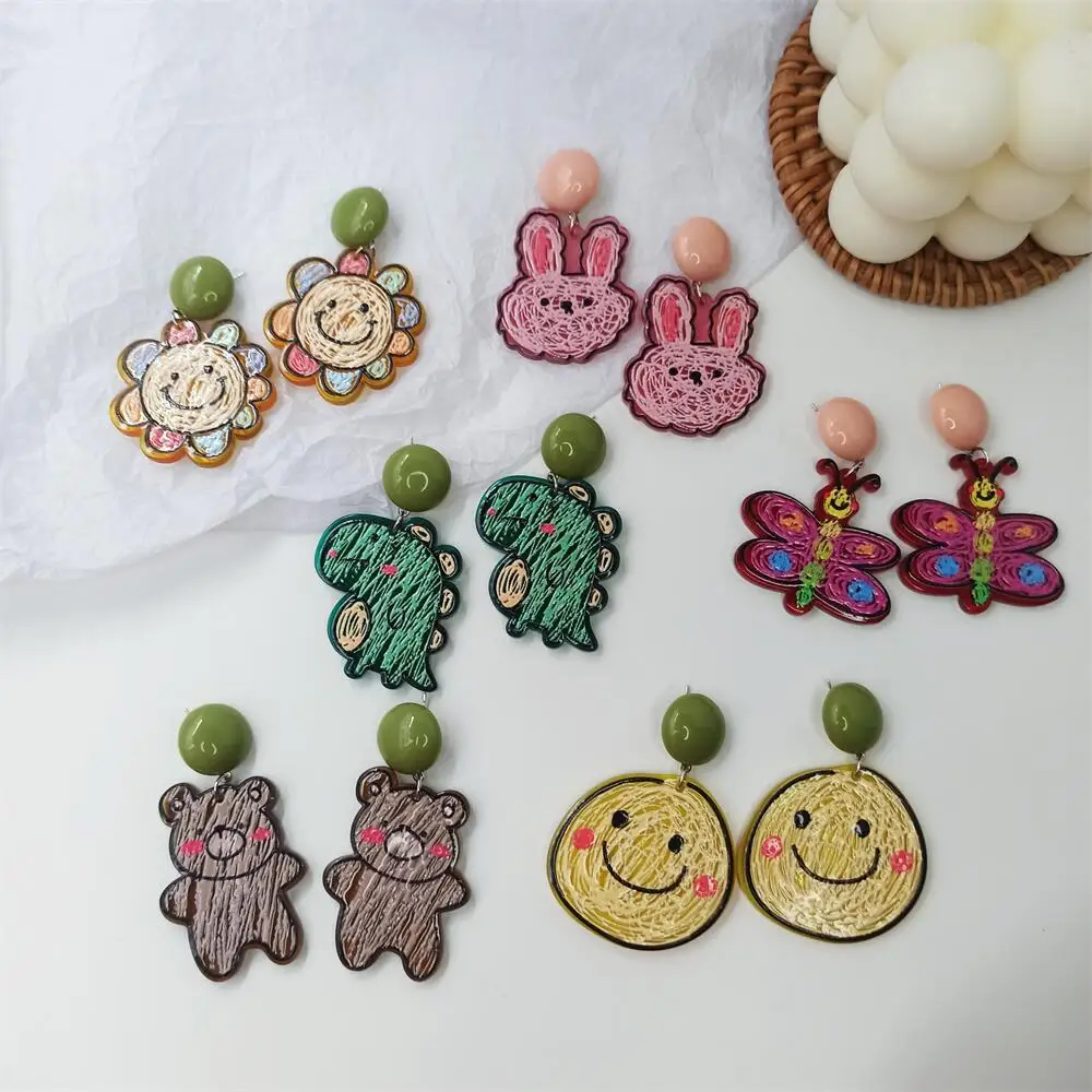 

Acrylic Color Embossed Doodle Sun Flower Dinosaur Rabbit Butterfly Earrings Ear Clip Women Accessory