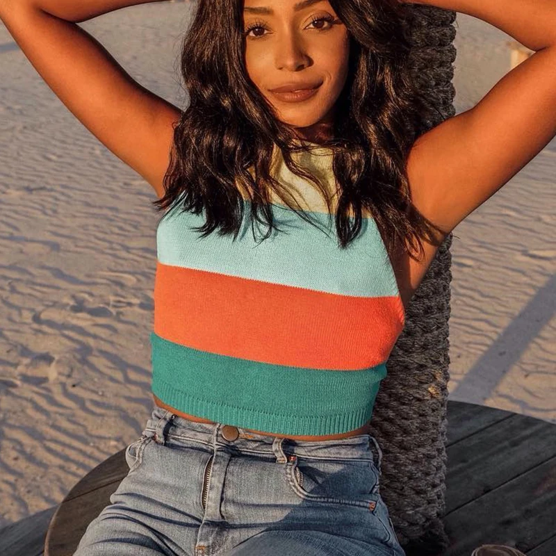 Женские топы на бретельках QUEVOON в радужную полоску со шнуровкой модные летние