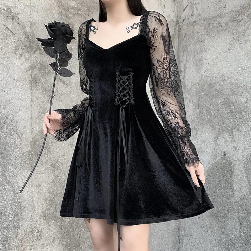 

Lady Lace Patchwork Long Sleeve Drawstring Waist Empire Mini Goth Dresses Black Gothic Women Cool Dress 2022 AutumnDark Lolita
