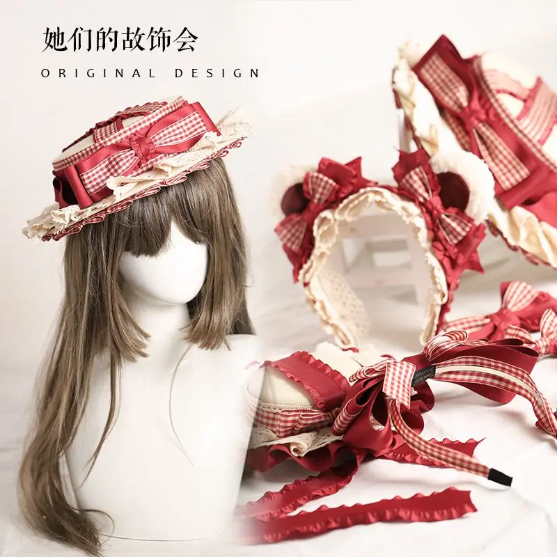 

LOLITA hair accessories little red hat red hairpin hair hoop accessories new year LOLITA JK uniform wine red plaid headdress