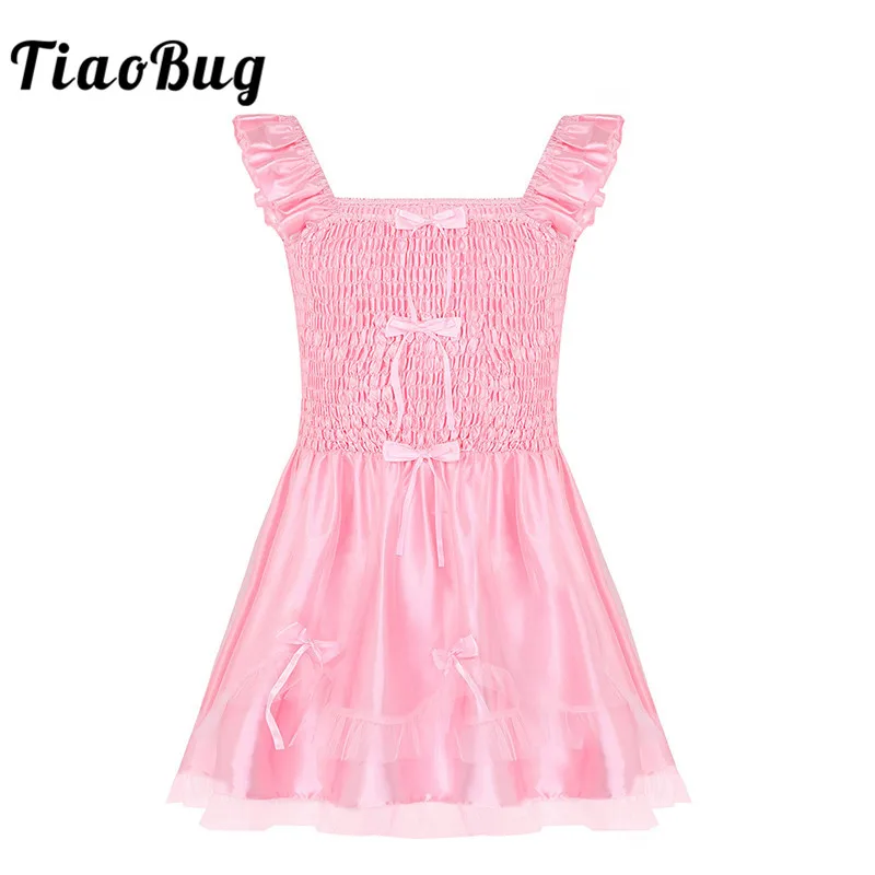 Мужская розовая атласная юбка без рукавов с оборками и бантом эластичный костюм