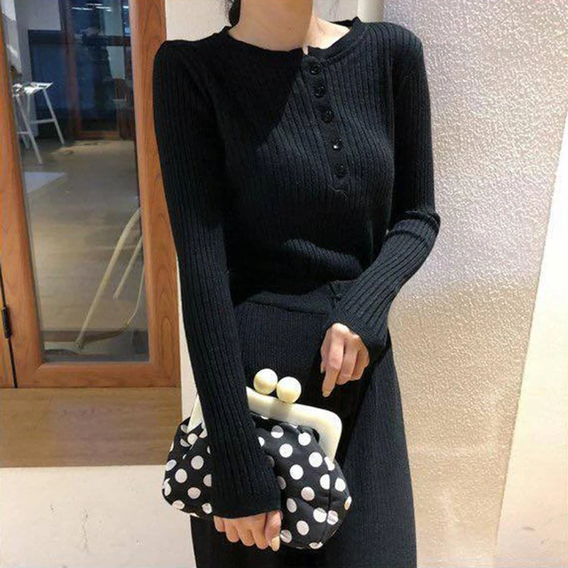 

Women Elegant Solid Color Tight-fitting T-shirt Fall Clothes Warm Long Sleeve Ladies Button Round Neck Tee Autumn Clothing