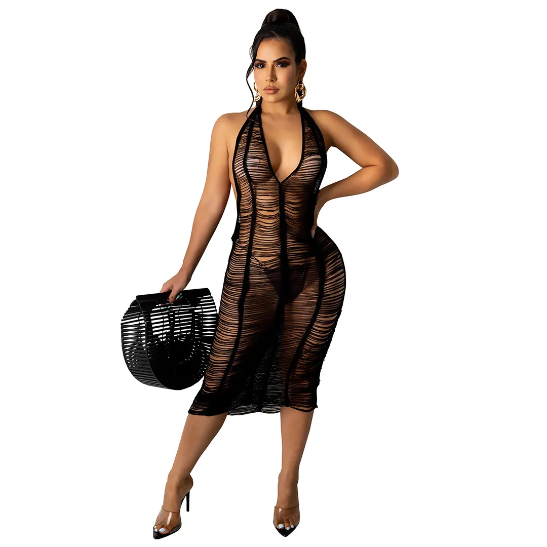 

Sexy Women Beach Dress Halter Deep V-neck Women Dresses See Through Summer Clothes For Women