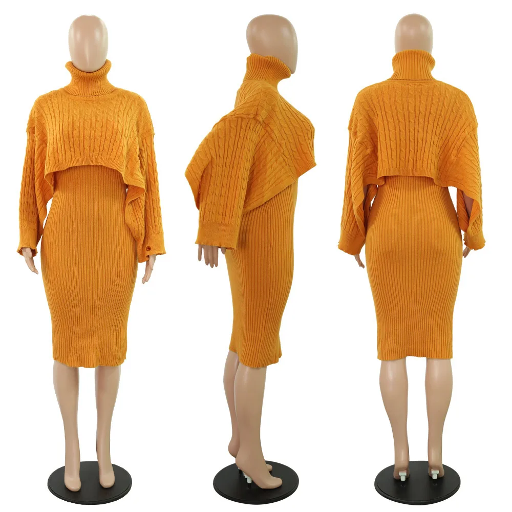 

Sweater Dress Two Piece Sets Winter Turtleneck Long Sleeve Short Sweat Top+Strap Dress Suits Women Casual Solid Knitted Outfits
