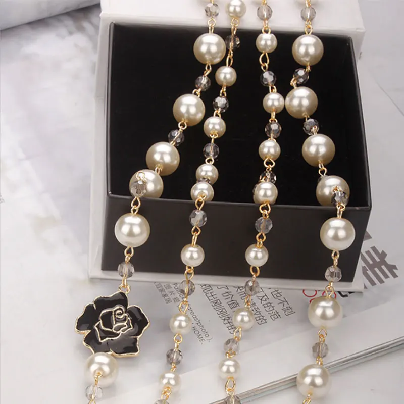 

korean Camellia double layerd sweater long chain pearl necklace pendant jewelry for women party