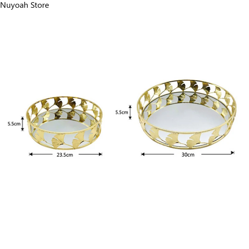 Golden Metal Apricot Leaf Mirror Face Tray Dressing Table Cosmetic Round Storage Living Room Desktop Tea Decoration | Дом и сад