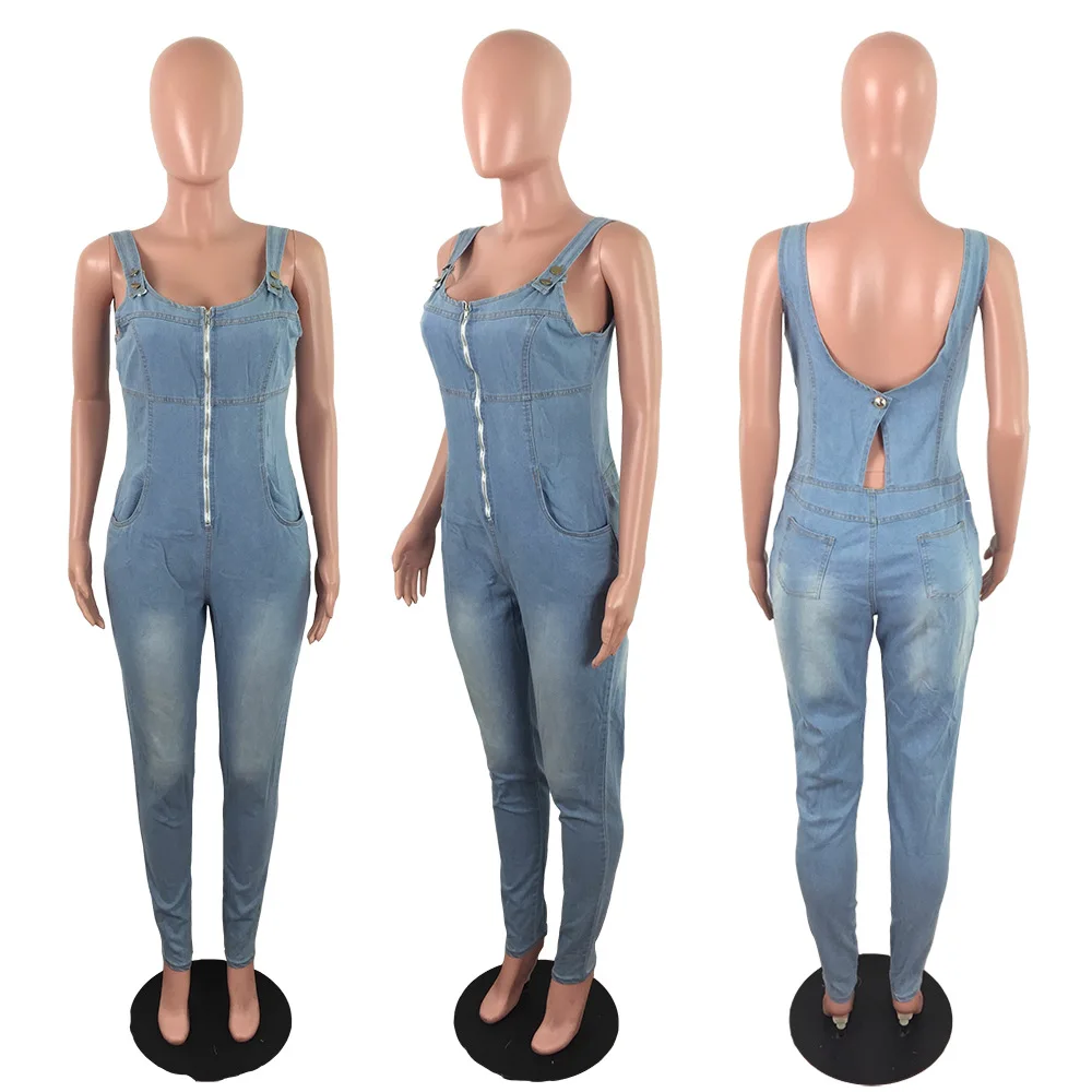 

FNOCE 2020 new women jumpsuits sexy nightclub fashion casual solid Backless v-neck zipper skinny Slim-Fit Jumpsuit Jeans trouser