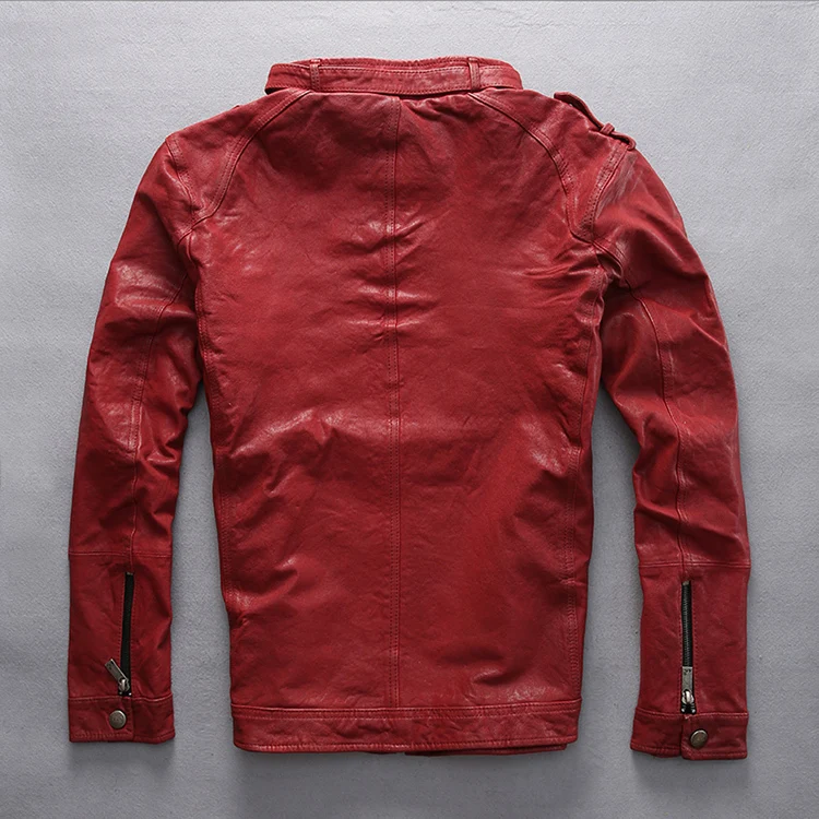 Приталенная красная кожаная мужская куртка из овчины черная модная байкерская