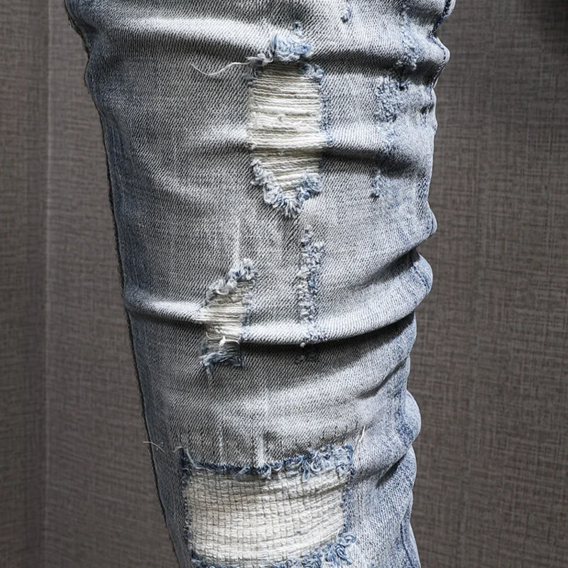 European American Vintage Fashion Men Jeans Retro Light Blue Elastic Slim Fit Ripped Jeans Men Patchwork Designer Denim Pants