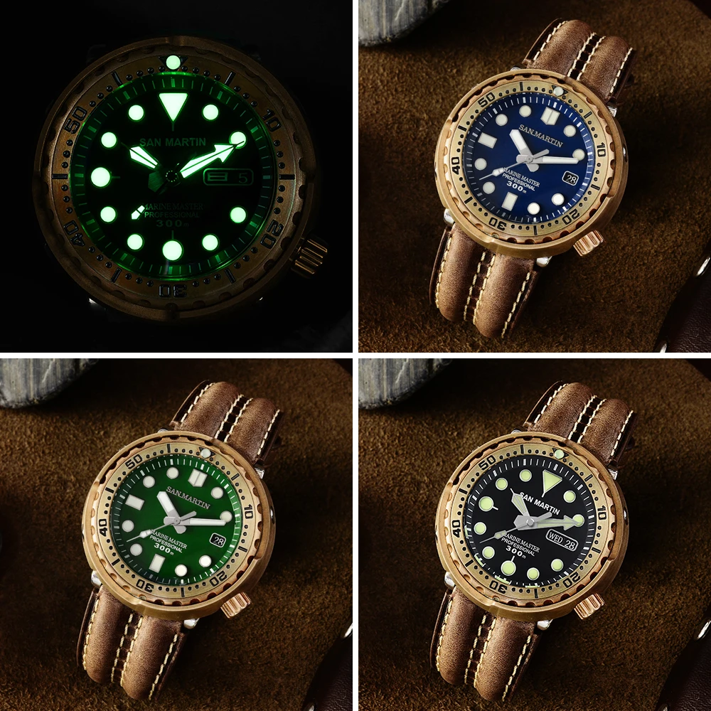 

San Martin Men's Diving Watch 300M Tuna Bronze Automatic Mechanical Watch Leather Strap Sapphire Luminous Calendar Windows