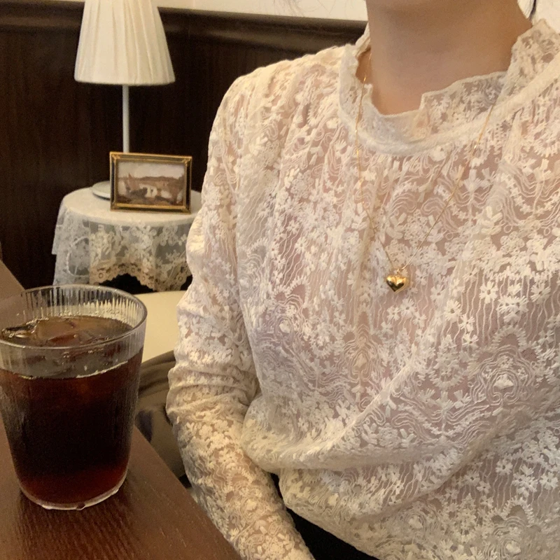 

Sweet lace ruffled collar base with hollow out lace long sleeve shirt mori girl