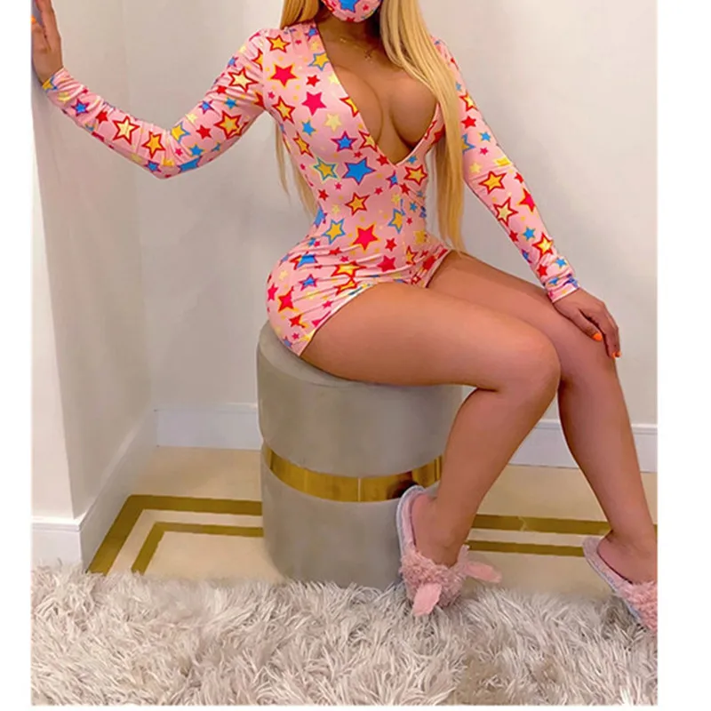 

hirigin Sexy Women Stretchy Pajamas Long Sleeve V-Neck Pineapple Printed Bodycon Summer Lady Jumpsuit