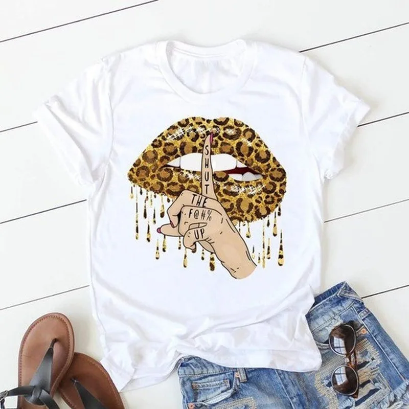 

Leopard Lip Print Women T Shirt Short Sleeve O Neck Loose Women Tshirt Ladies Fashion Tee Shirt Tops Clothes Camisetas Mujer