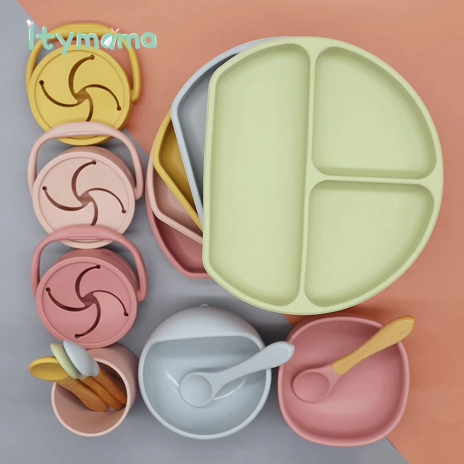Детские Силиконовые ложки для Кормления Чаша Platos однотонные детские нагрудники