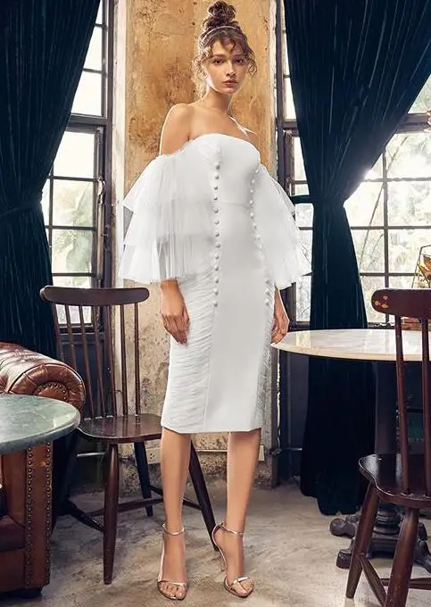 Женское облегающее платье с открытыми плечами белое Сетчатое вечернее лето 2020 |