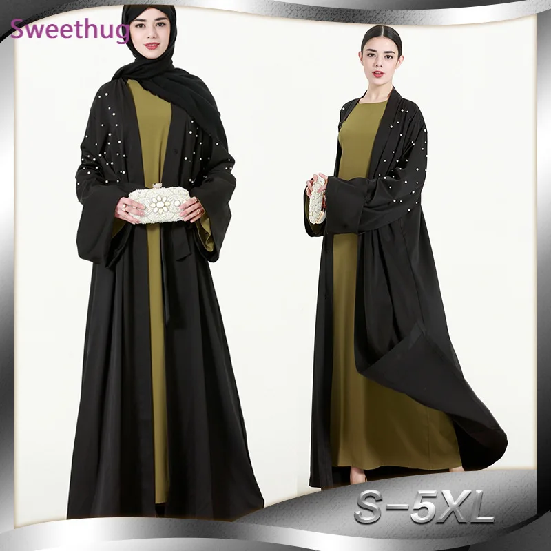 Модное женское мусульманское платье длинный рукав рубашки халат размера плюс S-4XL бисер лоскутное элегантный абая турецкий Дубай Ближний Во...