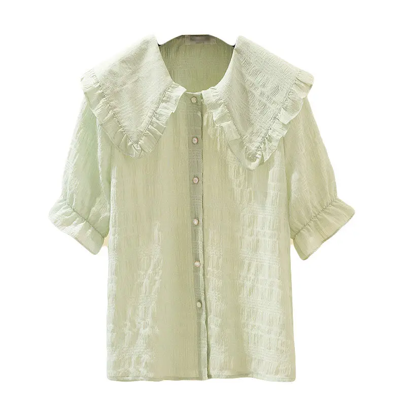 

Pure Color Plaid Chiffon Shirt Ladies Summer New Korean Large Size Loose Doll Collar Short Sleeve Blouse 4XL Female Tops aq904