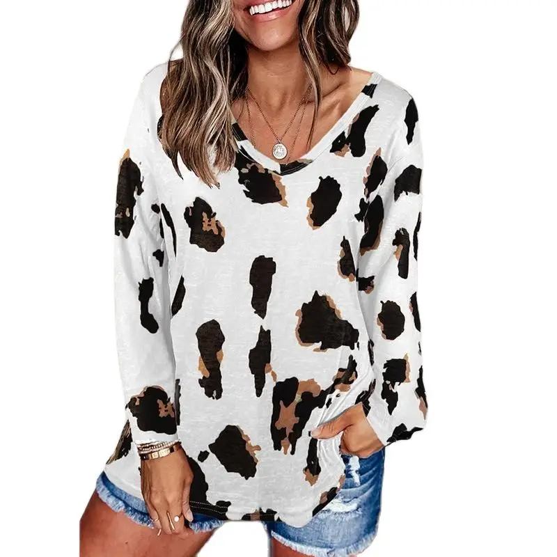 

Women Leopard Loose T Shirt V Neck Long Sleeve Spring Autumn Tees Ladies Casual Clothes