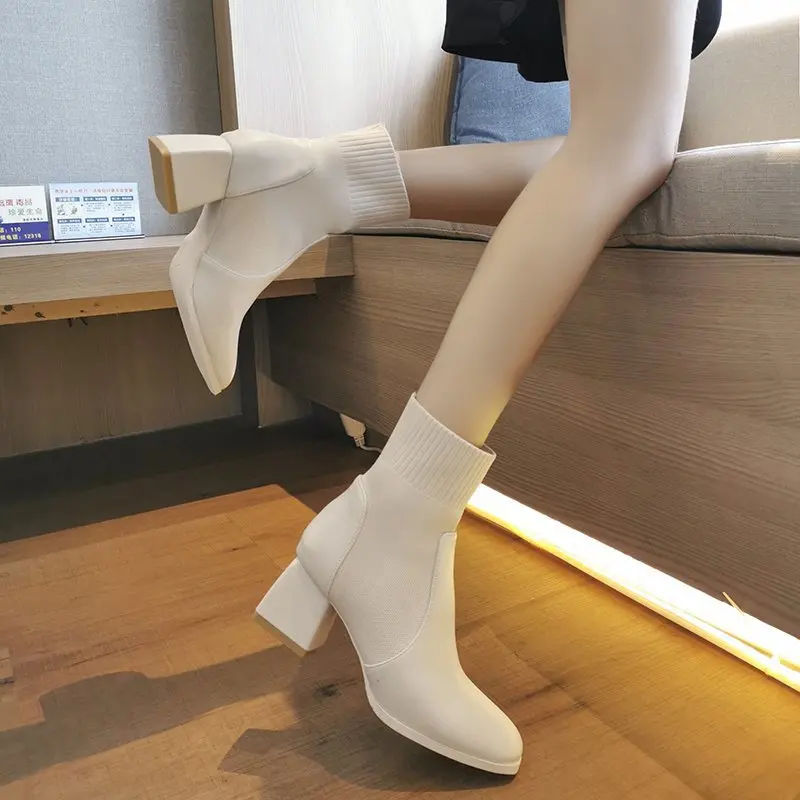 

Short Boots Women Boots Knitting Solid Color PU High Heels Middle Tube Antislip and Waterproof Knitted Stretch Thin Boots Tide