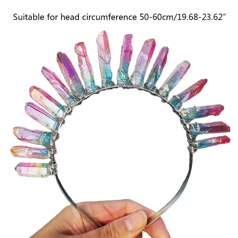 

2021 New Raw Crystal Quartz Tiara Headband Multicolor Gradient Jewelry Sun Goddess Crown Wedding Bridal Holiday Party Hair Hoop