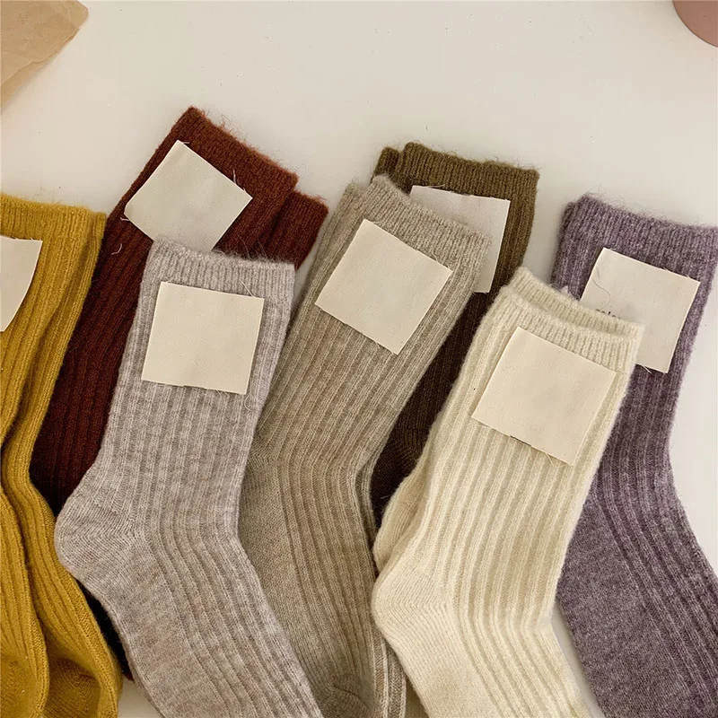 15 Cashmere Socks Women Autumn Winter Korean Style Mid Tube Pure Color Thickening Keep Warm Knit Socks Ins Sleep Floor Sox