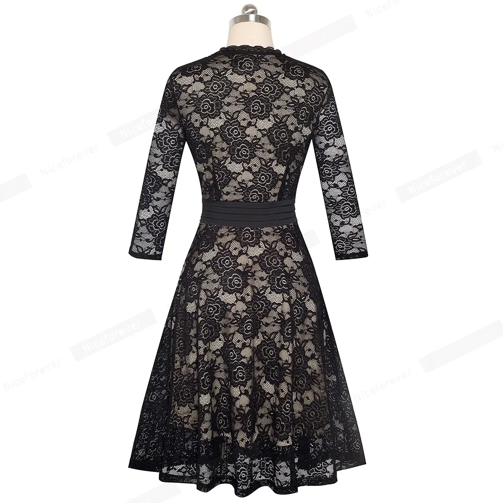 Nice-Forever Ретро Элегантный пэтчворк с цветочным кружевом А-силуэта vestidos деловые