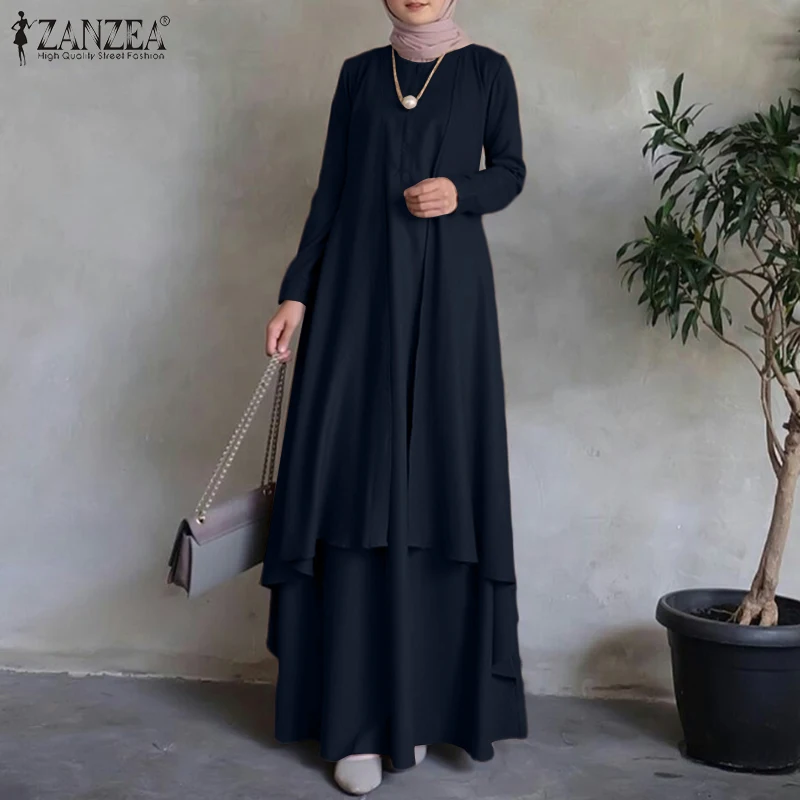 ZANZEA Women Long Sleeve Muslim Kaftan Maxi Dresses Irregular Hem Loose Long Dress Dubai Turkey Abaya Hijab Sundress Oversized