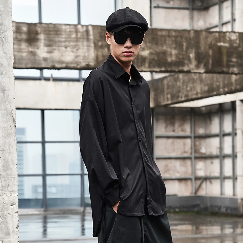 Men's Long Sleeve Shirt Spring And Autumn New Dark Personality Before Short After Long Lacing Design Casual Large Size Shirt