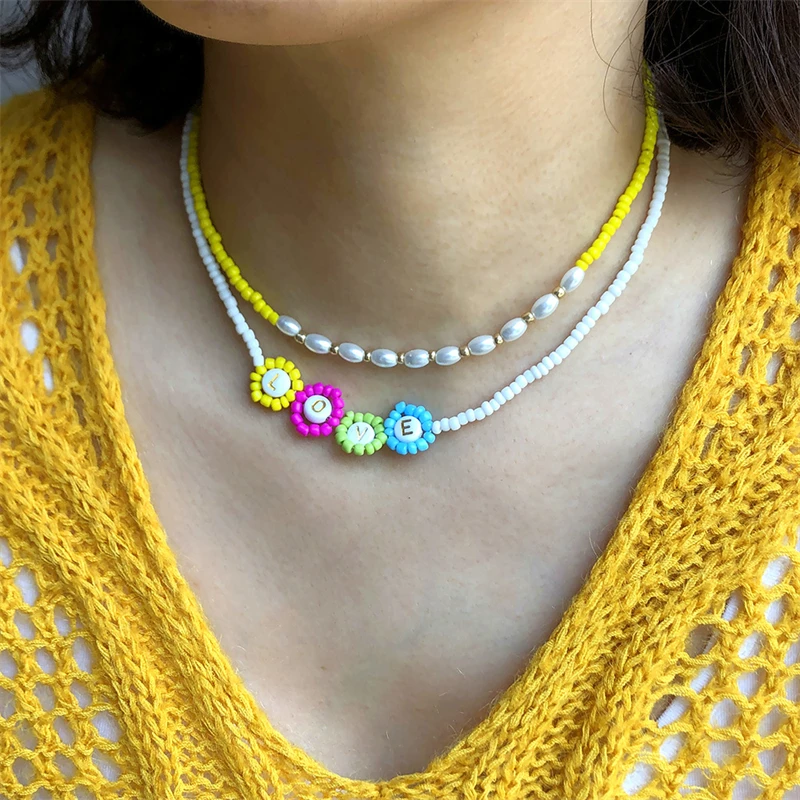 

Trendy Fashion Creative LOVE Letter Beaded Necklace Bohemian White Rice Bead Necklace Women's Party Jewelry Accessories Gift