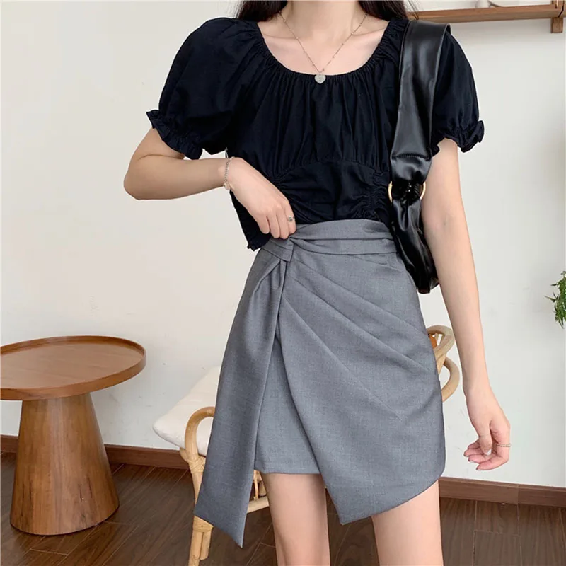 

Plaid Irregular Designer Summer Women Skirts Plus Size 2021 Black Gray Pleated Skirts Female High Waist Knot Vintage Mini Skirts