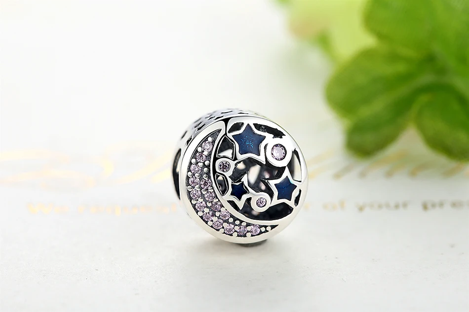 ELESHE 925 Sterling Silvrer Pink Clear CZ Moon Night Sky Star Charm Fit Original Charm Bracelets Necklaces DIY Jewelry Making