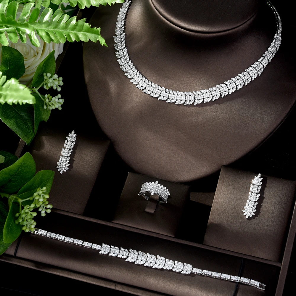 HIBRIDE классические белые дубайские Ювелирные наборы для женщин в форме листа свадебные ожерелье и серьги bijoux luxe femme N-1093