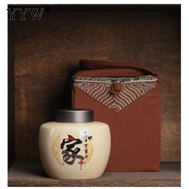 

White Ceramic Tea Cans Sealed Cans Storage Cans Portable Hand-Embroidered Cloth Bags With Souvenir Tea Packaging Storge Bank
