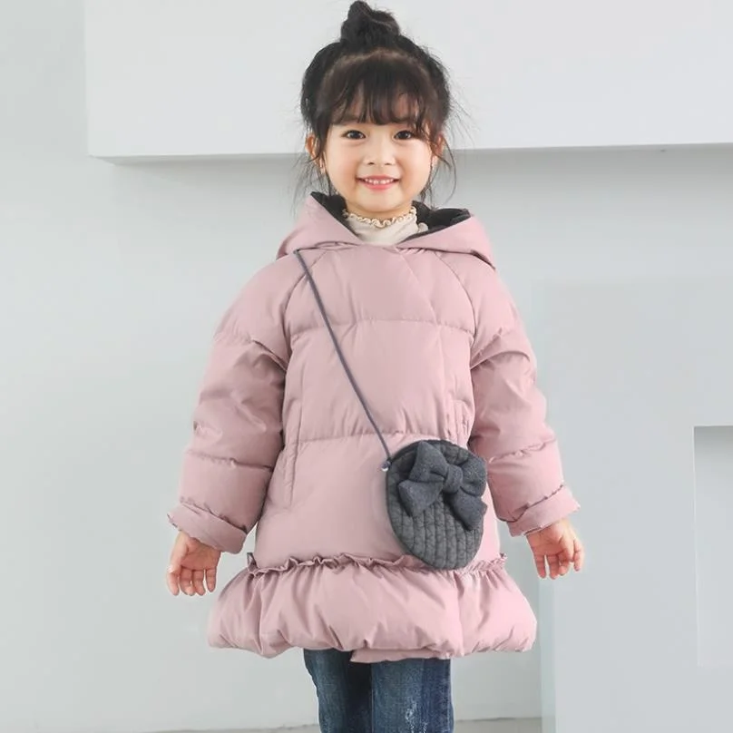 

Winter New Girl down jackets With bag Hooded long sleeve thicker warm Coat fashion design white duck down jackets for girl Y3463