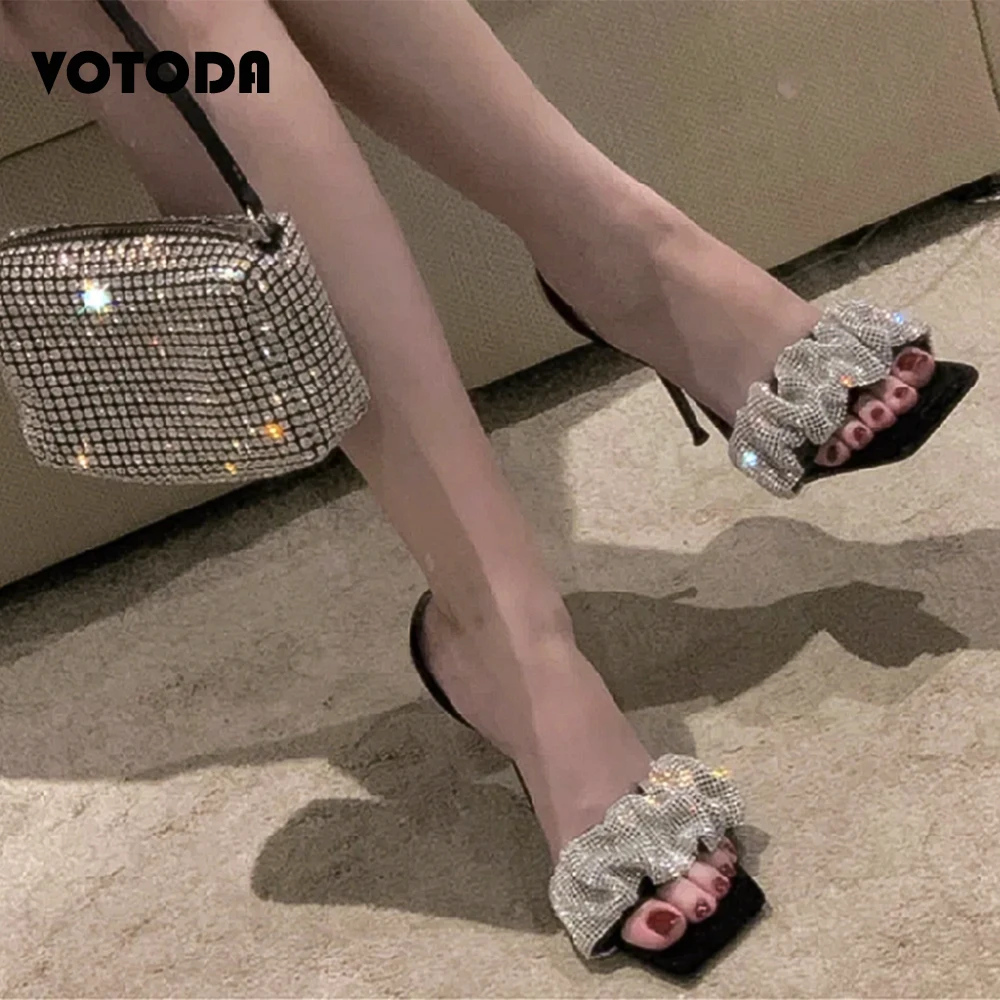 

Summer Rhinestone High Heels Designer Bling Crystal Sandals Women Flip Flops Slipper Ankle Strap Square Toe Slides Wedding Shoes