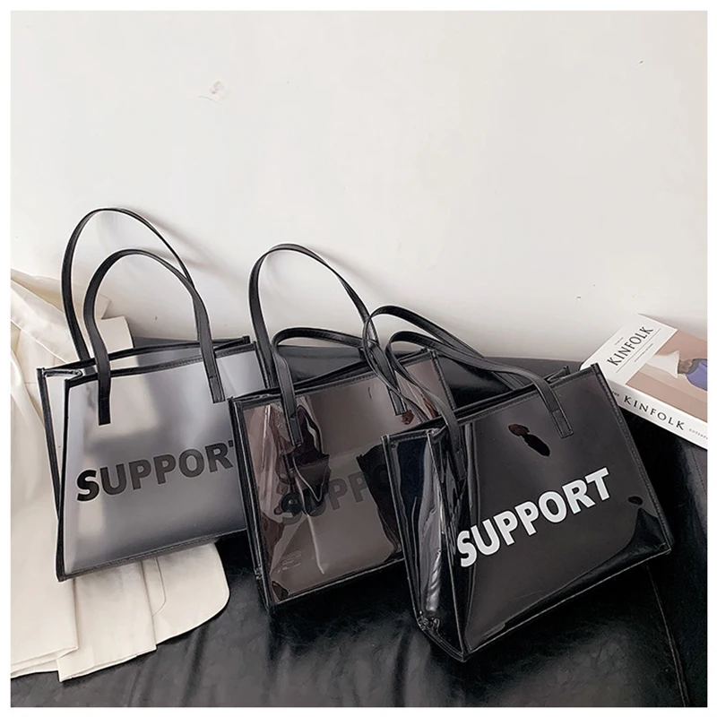 

High Capacity Spring Summer Transparent PVC Fashion Women Shoulder Shopping Totes Clear PVC Handbags Female Picnic Beach Bags