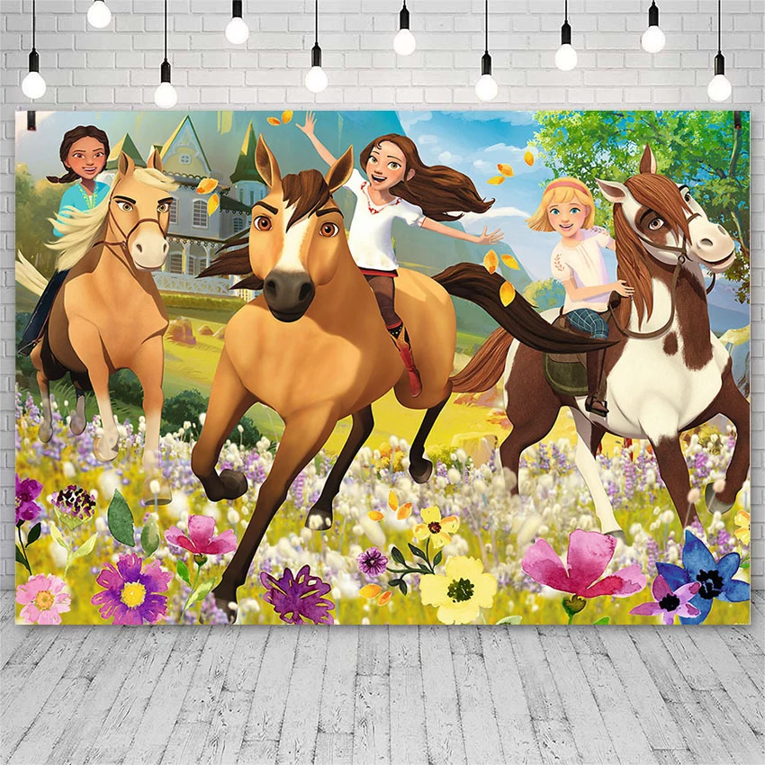 

Spirit Horse Flowers Party Theme Photography Background Riding Boys or Girl Kids Birthday Dinner Table Backdrops Studio Video
