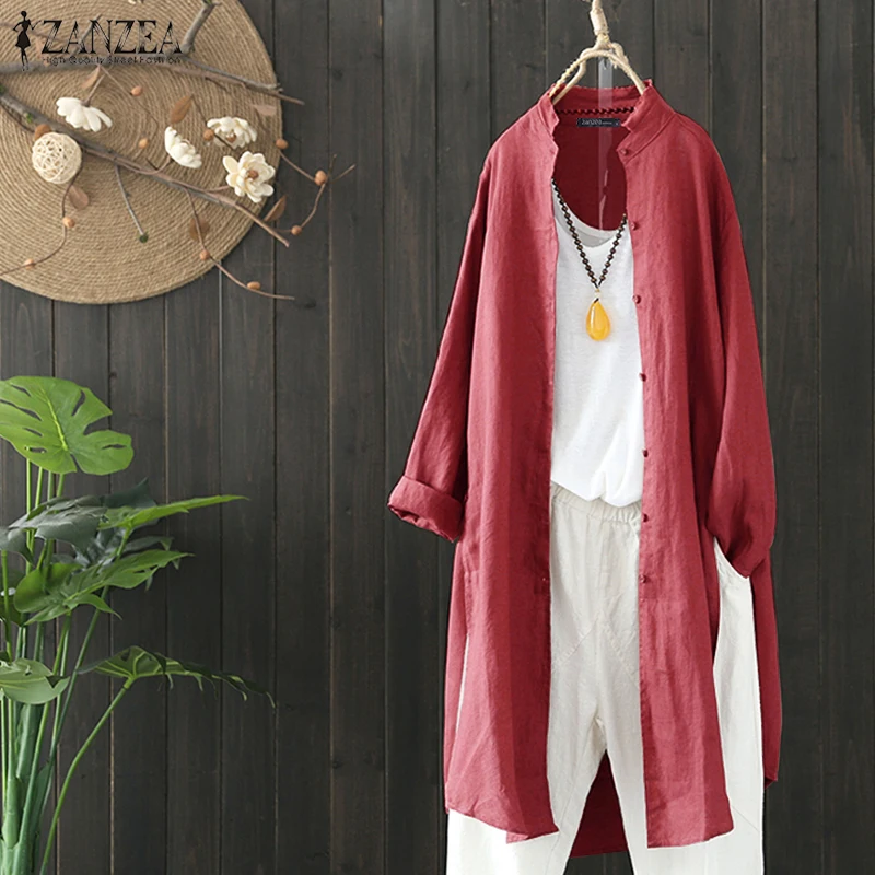 

2021 Autumn Solid Long Shirt ZANZEA Women OL Cardigan Casual Lapel Long Sleeve Tunic Tops Vintage Cotton Summer Shirts