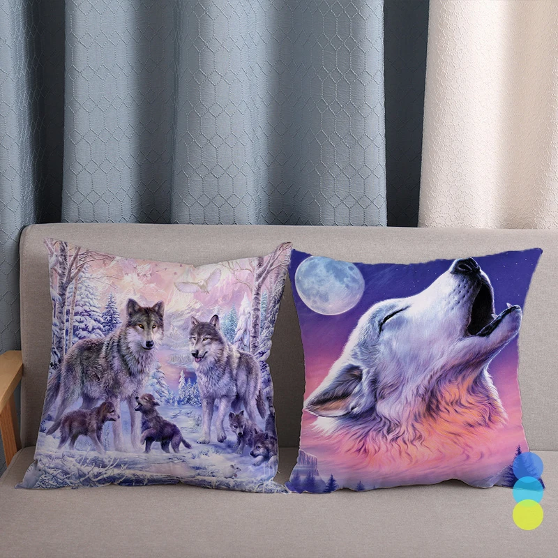 Animal Single Side Blue Cheap Covers for Cushions Vintage Wolf Polyester Decorative Pillows Sofa Case Chair Home Decor Fashion