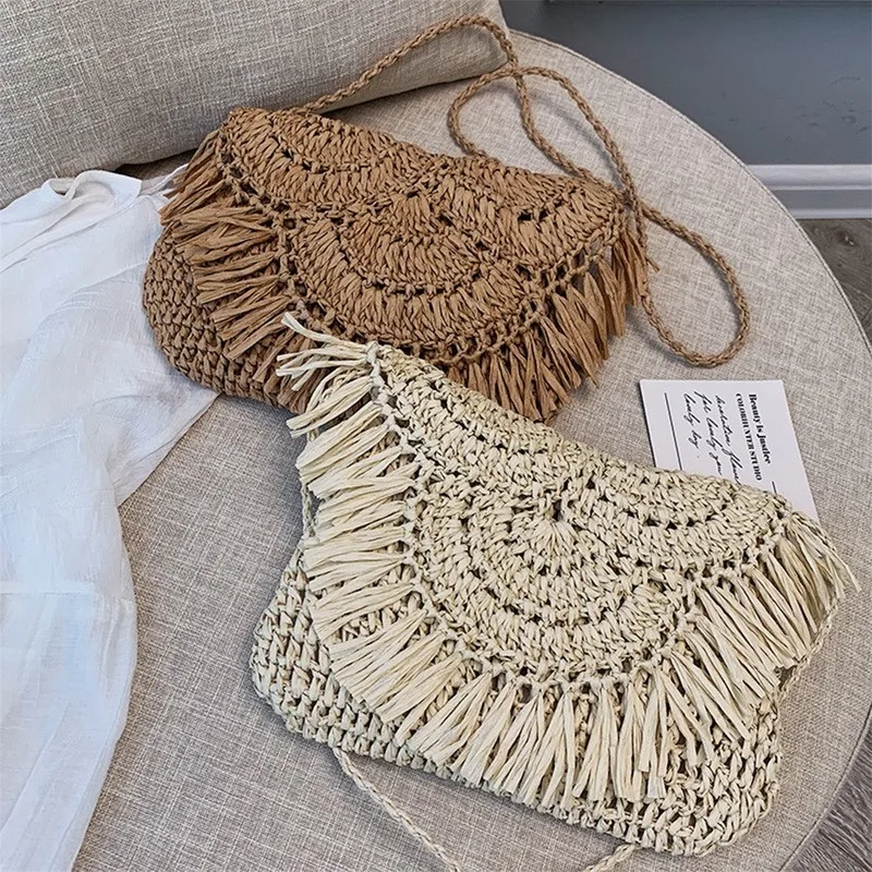 

Women Summer Casual Beach Tassels Straw Rattan Weave Shoulder Messenger Bags Ladies Fashion Large Capacity Crossbody Handbags