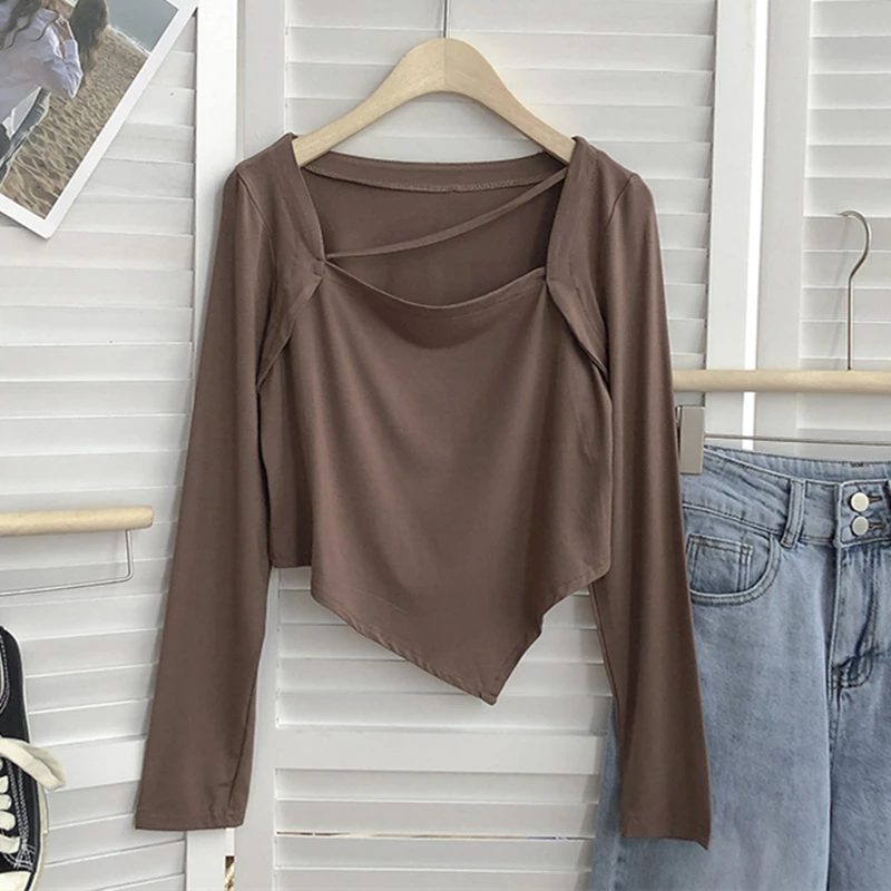 Женская футболка с квадратным вырезом Повседневная однотонная облегающая