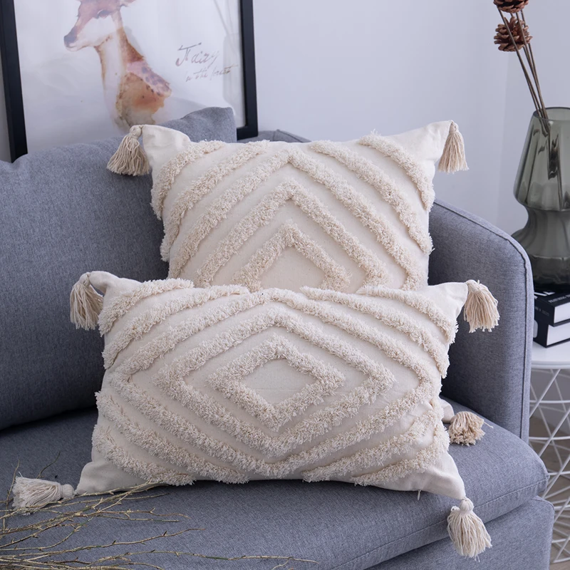 

Moroccan Style Tassels Cushion Cover Beige Pillowcase Diamond Fringed Square Pillow Cover Home Decor Handmade Woven Pillowcases