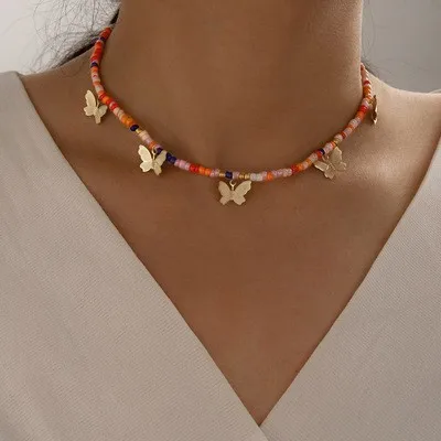 

Boho Butterfly Beads Necklace for Women Flower Heart Pearl Beaded Short Choker Necklace Handmade Female Jewelry Gift