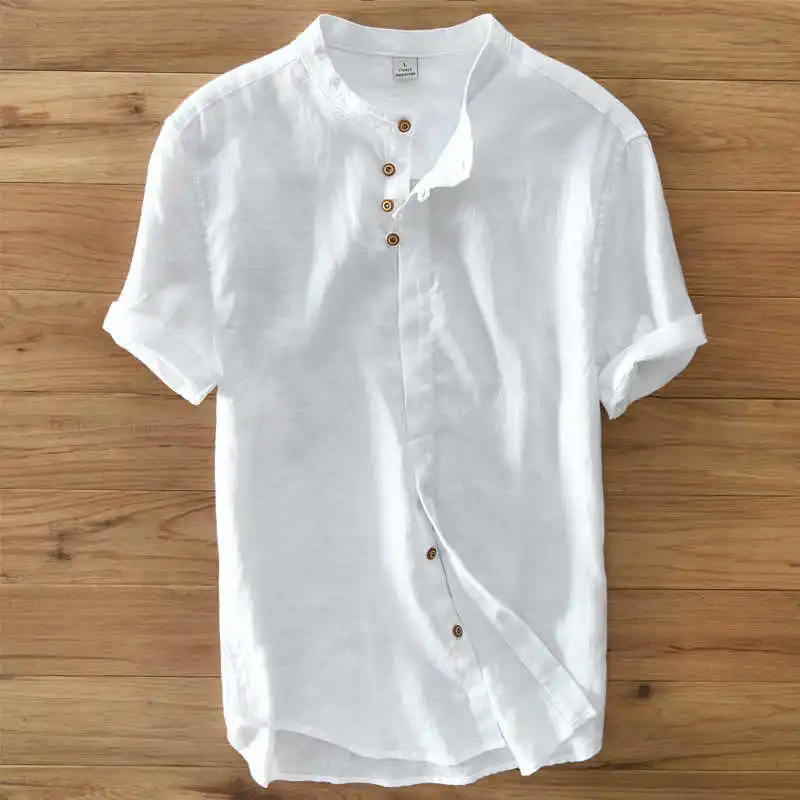 

Men's vintage stand collar short sleeve linen shirt white khaki dark blue 100% linen casual shirts men summer shirts for men